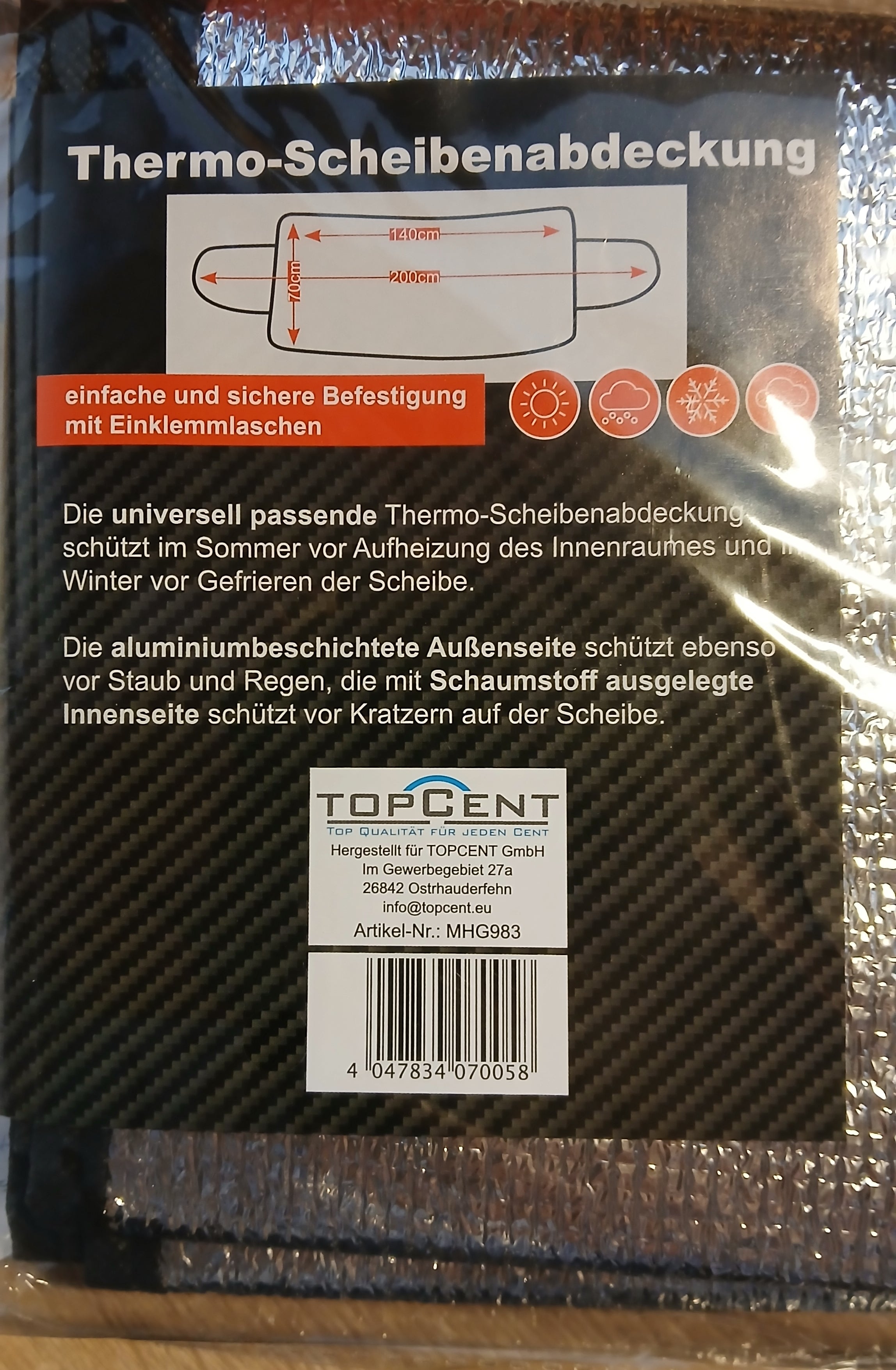 KFZ - Thermo-Scheibenabdeckung – Ganzjahresschutz TOPCENT (140 x 200 x 70 cm)