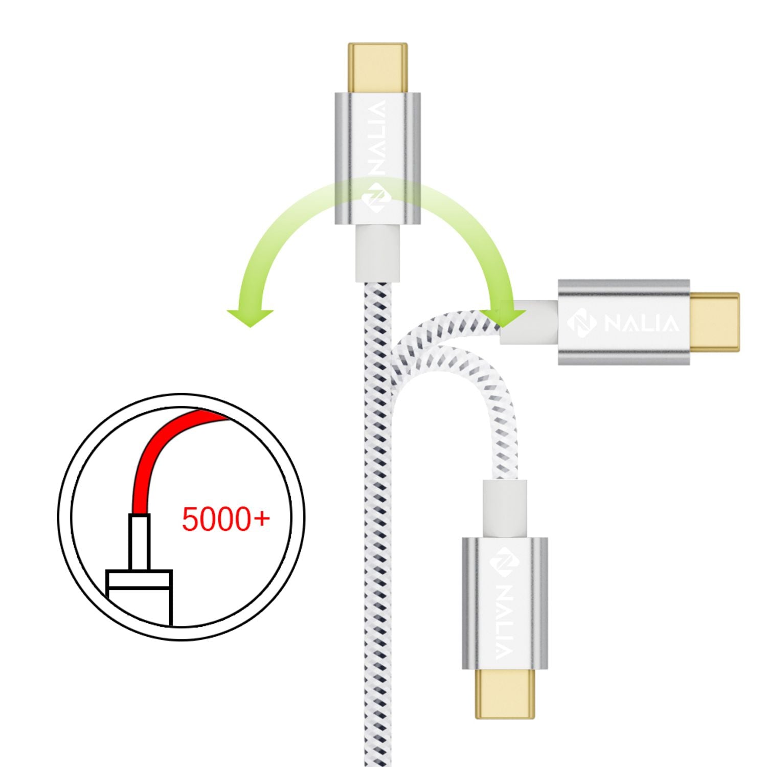 2m USB C auf USB 2.0 Kabel von NALIA, Stabiles Nylon Sync Daten Lade Kabel