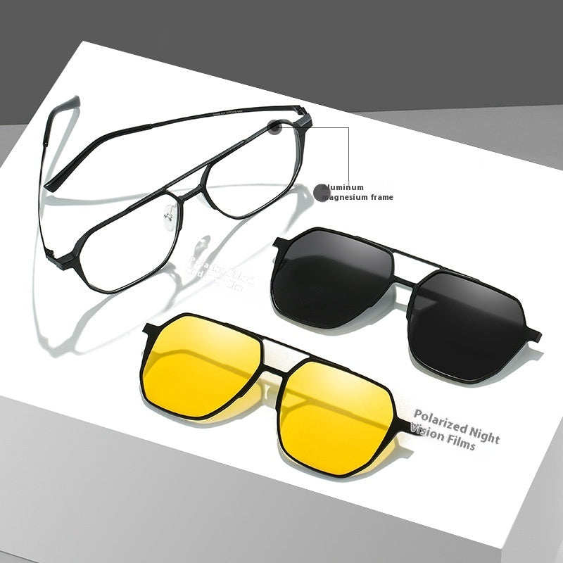 Magnetische 3-in-1 Herrenbrille aus Aluminium-Magnesium fürs Autofahren.