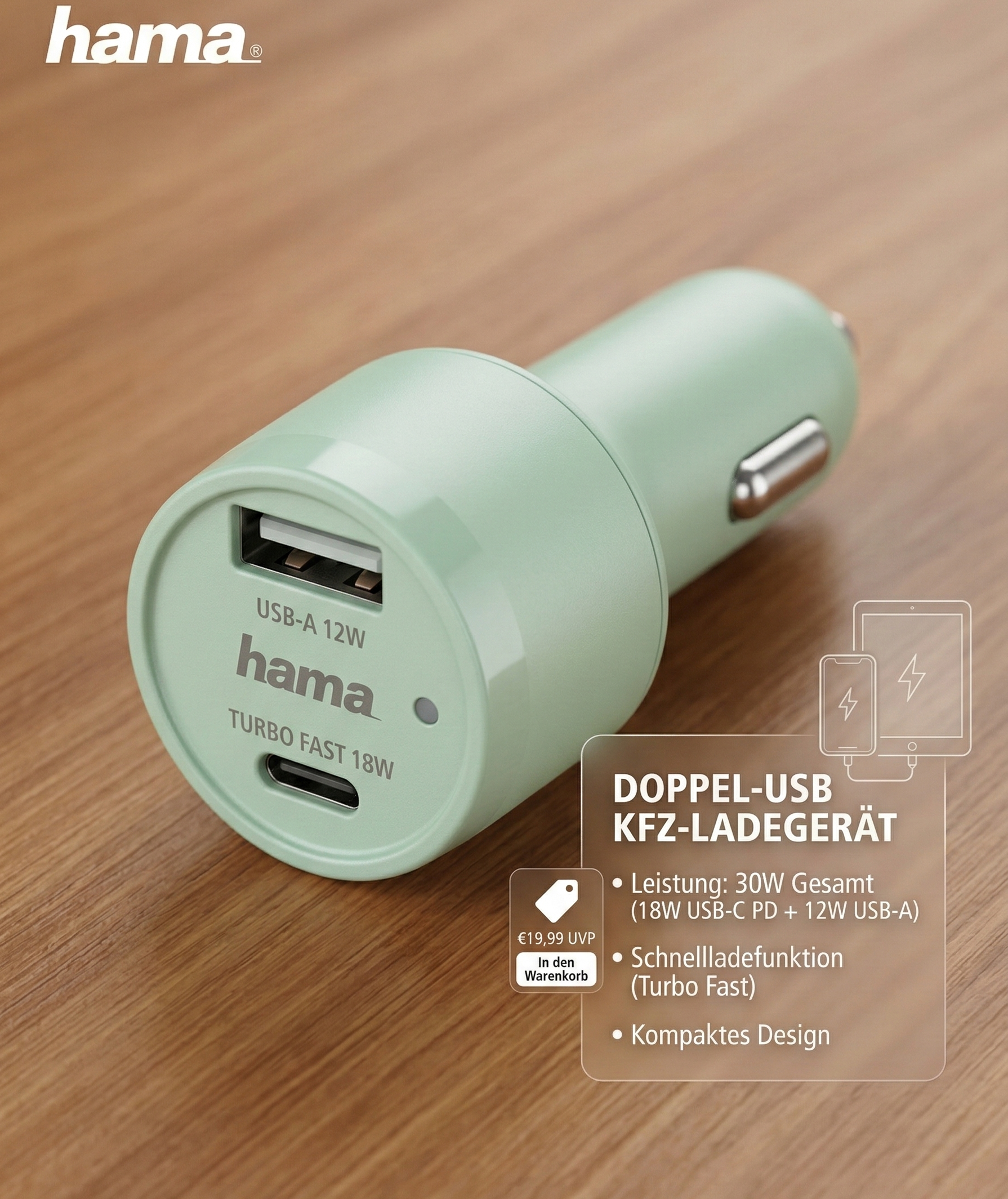 Hama® Dual-USB KFZ-Schnellladegerät 30W, USB-C (18W PD) & USB-A (12W), Mintgrün