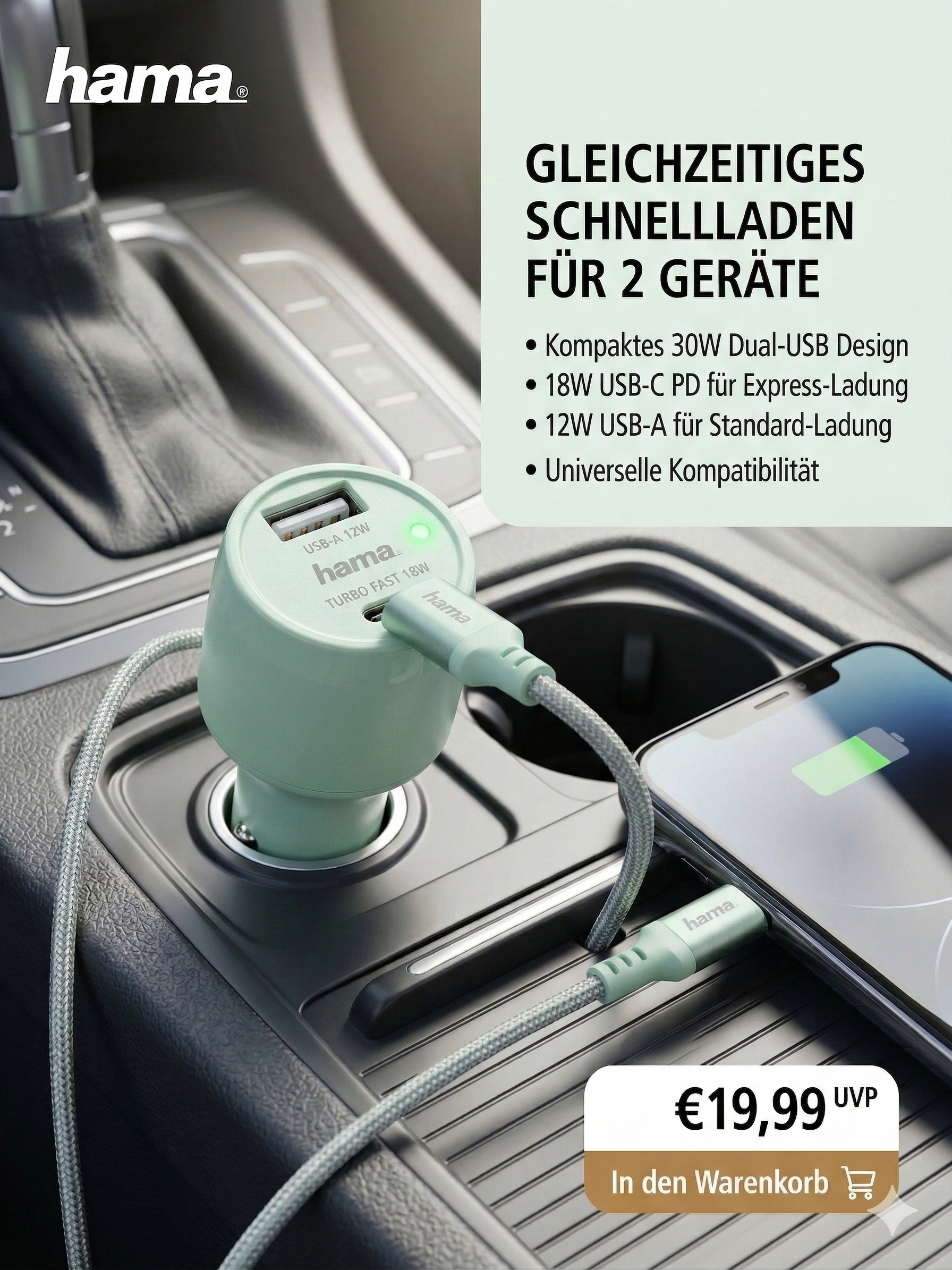 Hama® Dual-USB KFZ-Schnellladegerät 30W, USB-C (18W PD) & USB-A (12W), Mintgrün