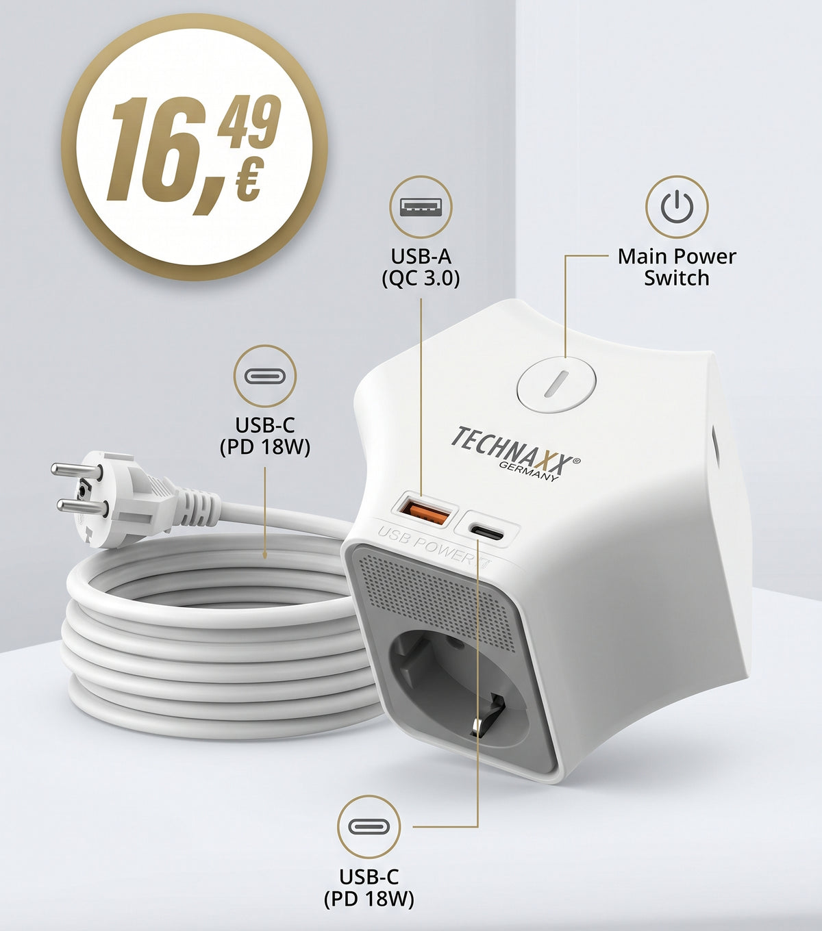 Tischsteckdose Technaxx mit USB-A & USB-C Fast Charge