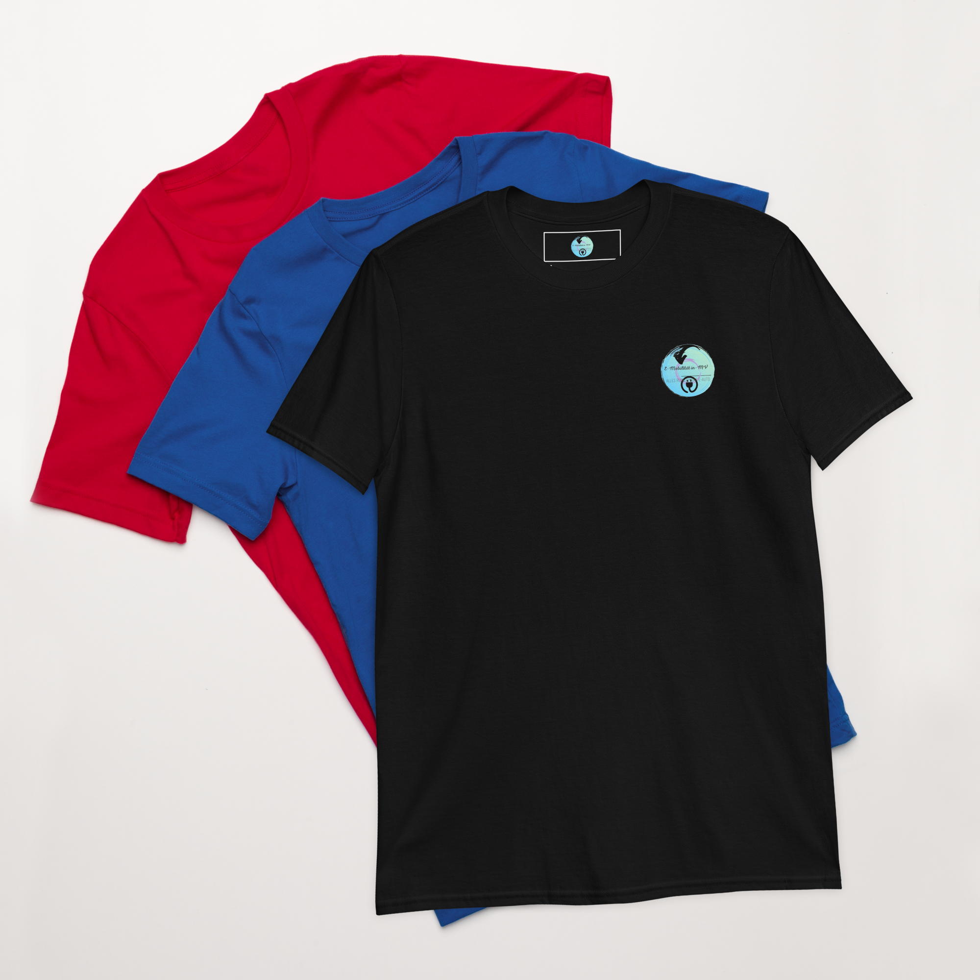 Kurzärmeliges Unisex-T-Shirt mit Logo E-Mobilität in MV vorne und hinten